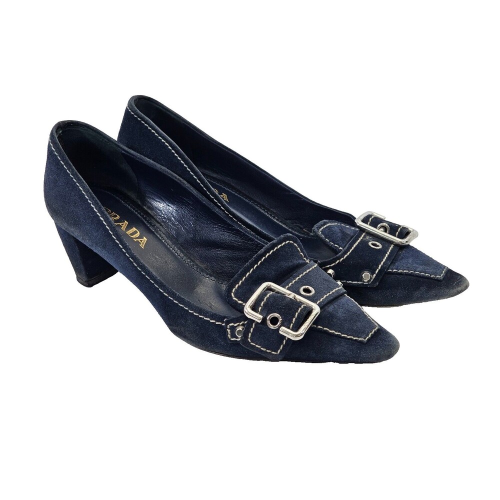 Prada Navy Suede Pointed Toe Buckle Mid Heels